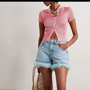 Frame Le Super high feather trimmed denim shorts